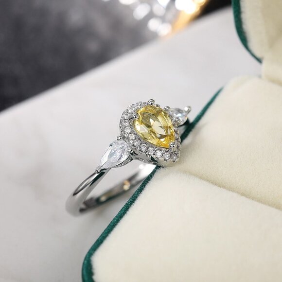 💍925 Silver Yellow Water Drop Romantic Crystal Diamond Ring for Women, K778 - Picture 6 of 10